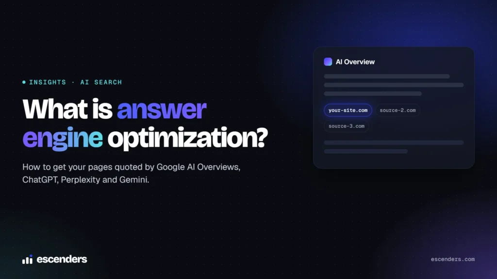 What is answer engine optimization? Escenders guide cover showing a site cited in an AI Overview