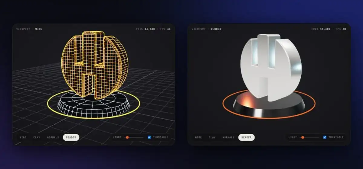 The interactive 3D viewport on scape3d.studio in wireframe mode and in render mode